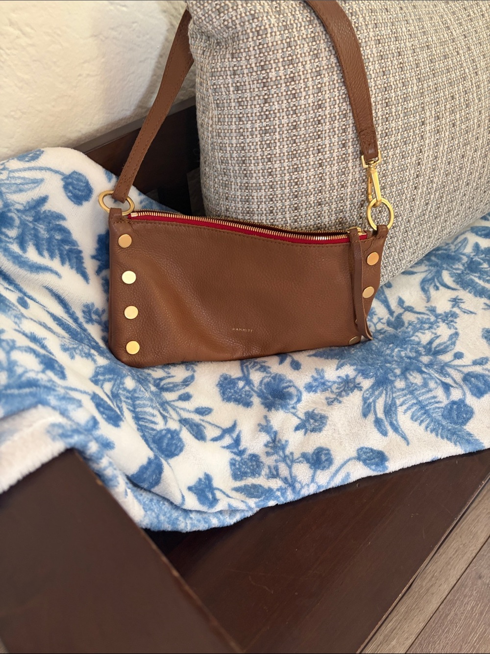 Brown Leather Shoulder Bag with Gold Studs